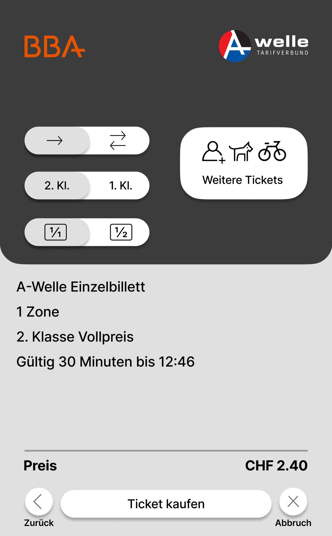 Screen Busbillettautomat: Ticket wählen